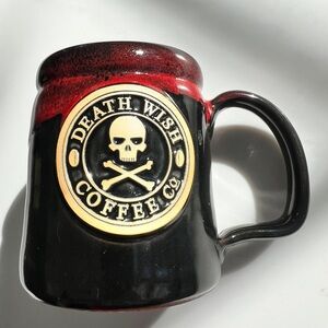 Death Wish Coffee mug skull crossbones black red drip glaze 2014 First Year